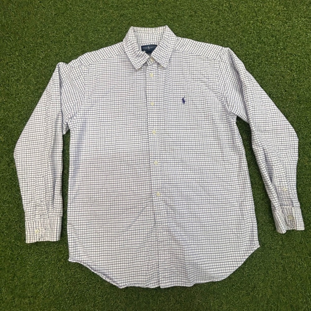 Ralph Lauren Boys Size 18 Blue White Check Long Sleeve Button Down Shirt Cotton